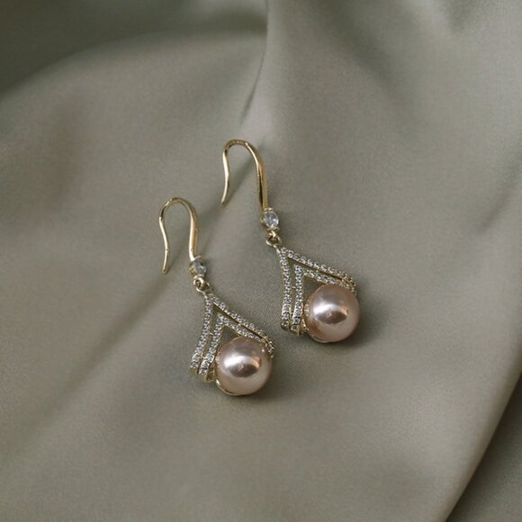 3/$35 Triangle Style Pearl Hook Gold Dangle Drop Earrings Rhinestones Jewelry - Picture 6 of 6
